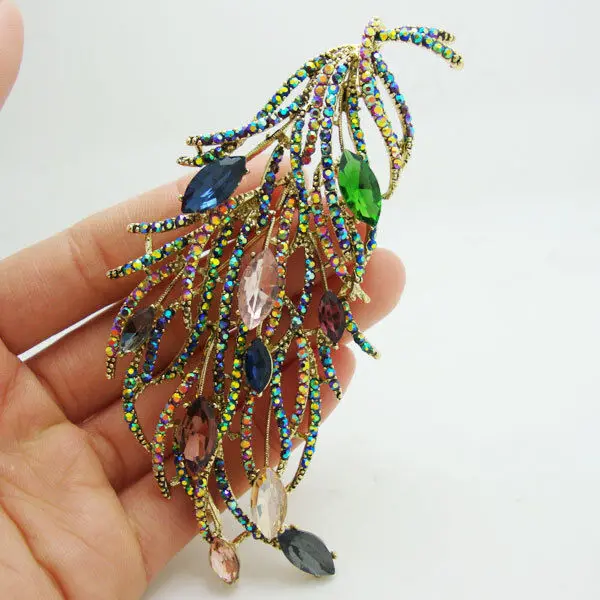 Famous Brand Design Luxurious Retro Design Long Feather Brooch Pin Multi-color Rhinestone Crystal Woman Jewelry Gifts for Girl