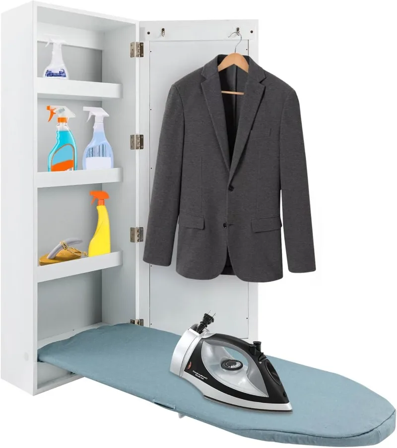 

Wall Mounted Ironing Board Cabinet Built-in 180°Swivel Foldable Iron Board with Storage+ Flat Panel Mirror Door White Ironing