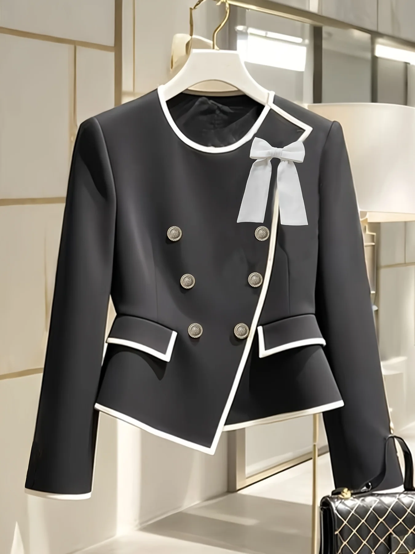 

Women's Black Cropped Blazer Contrast Trim Bow Detail Casual Jacket