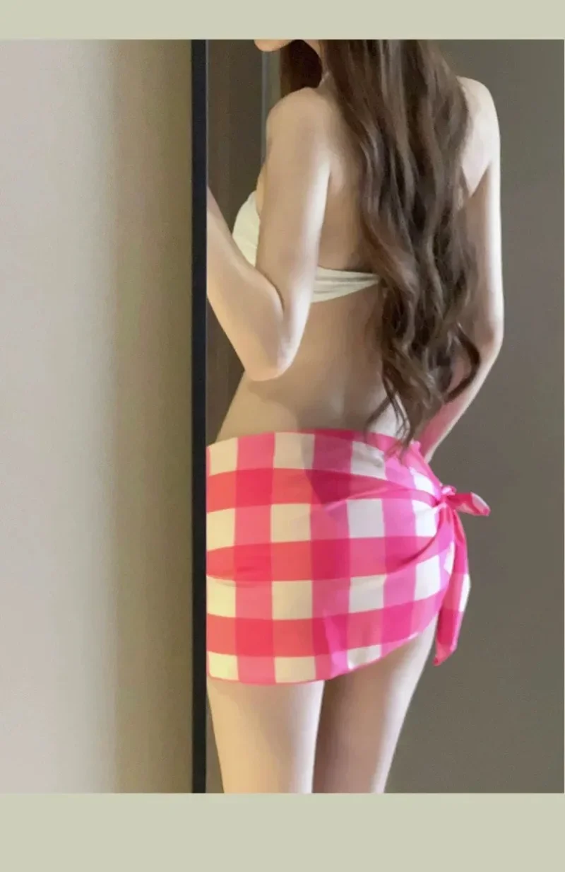

sexy Korean fashion plaid halter bikinis sets three pieces swimsuit with cover skirt padded swimwear biquini bathing suit