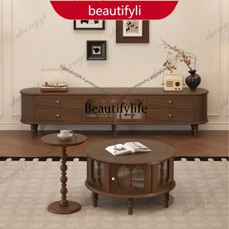smt45 French Retro Solid Wood TV Stand Full Walnut Color Mid-Century Media Console, Tall Living Room Storage Cabinet Furniture J