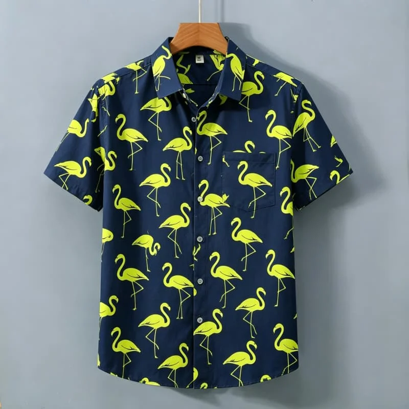 

Tropical animal printed short sleeved shirt with pockets, suitable for music festivals, beach parties and other scenes.