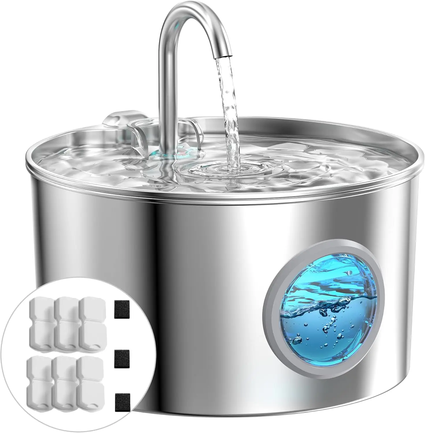 

Фонтан для воды для кошек из нержавеющей стали, 2,2 л, бесшумная поилка для животных с 6 фильтрами и 3 губками для кошек