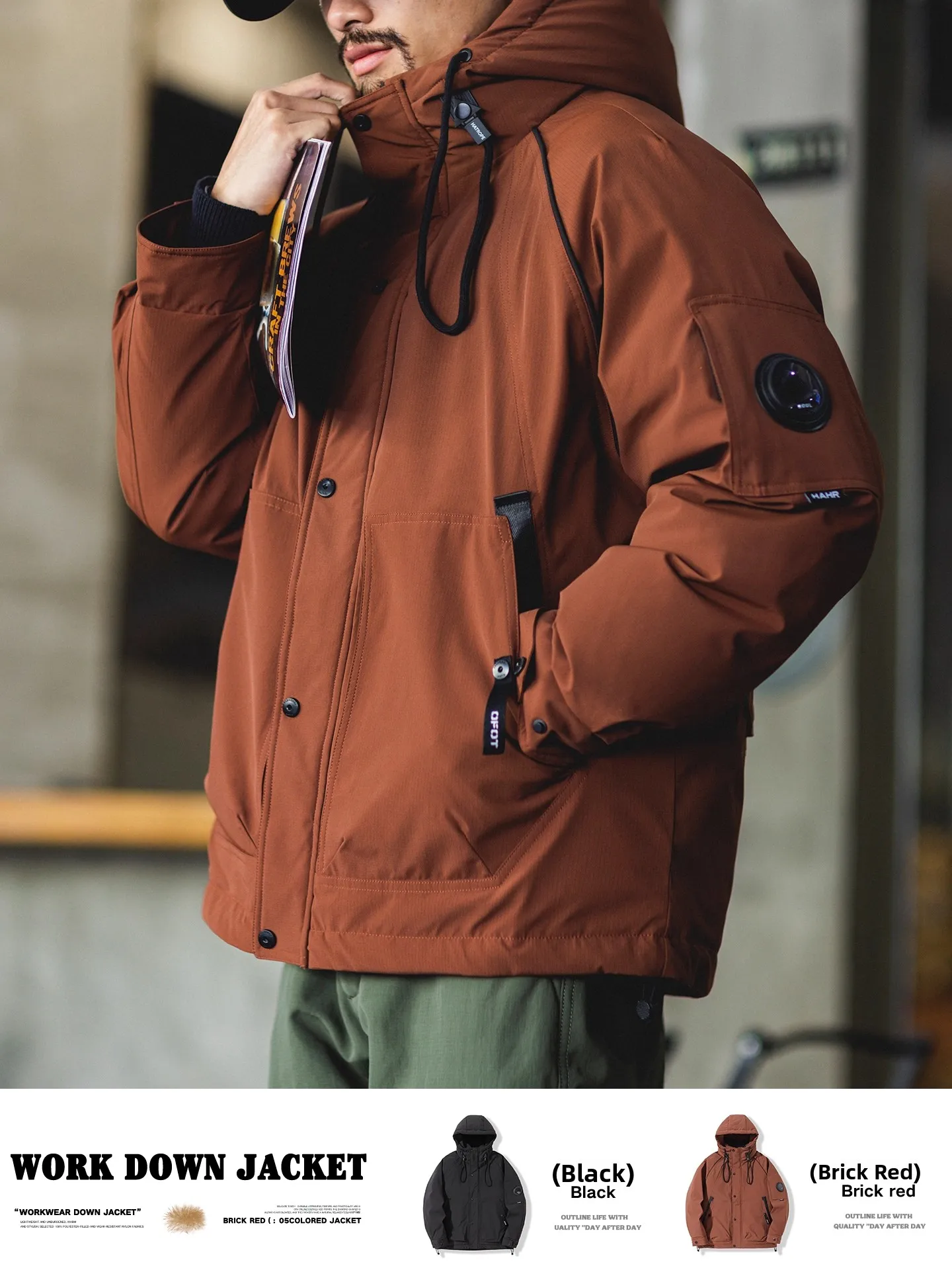 

Loose Fit Men's down Jacket Hooded Duck down Red Brick Color Winter New Style Warm Workwear Windbreaker Coat Youth Fashion