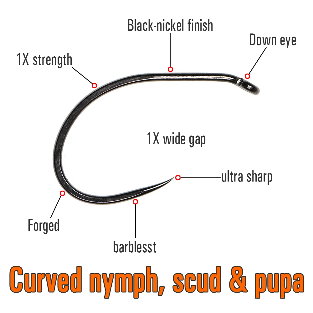 Vtwins 30PCS  Fly Fishing Hooks Black Nickel Finish High Carbon Steel Curved Nymph Scud Pupa Fly Tying Hook Fishing Accessories