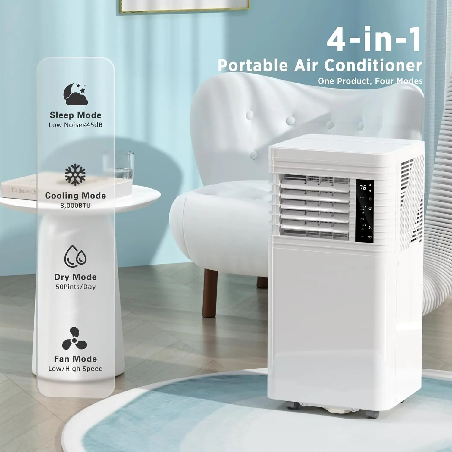 AC sejuk hingga 350 Sq.Ft, 4 mode portabel AC dengan pengendali jarak jauh/tampilan LED/Timer 24 jam/kit pemasangan