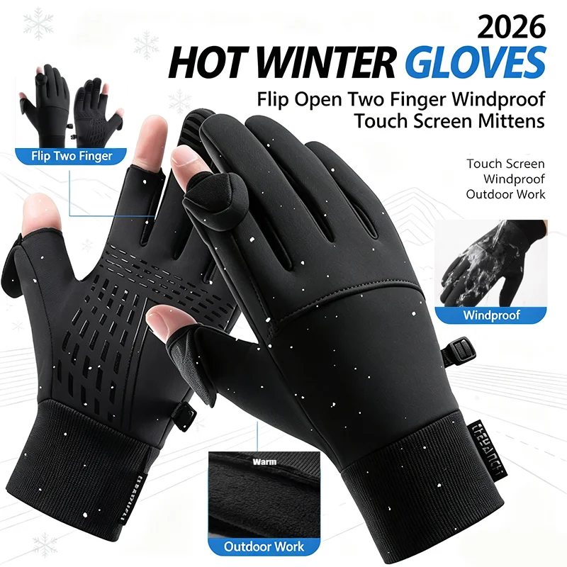 2026 Winter Warm Convertible Flip Top Gloves Touch Screen Two Finger Mitts for Riding Running Skiing Work Unisex Outdoor