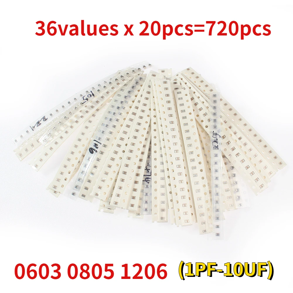 

720pcs 1pF-10uF Electronic Capacitor Set 0603 0805 1206 SMD Ceramic Capacitors Assortment Kit 22PF 47PF 22NF 100NF 2.2UF 4.7UF