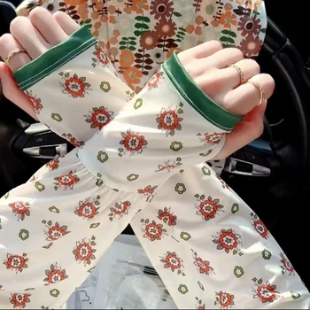 꽃무늬 프린트 자외선 차단 커프스, 아이스 실크 햇빛 화상 방지 슬리브, 신축성 있는 여성 운전, UV 차단 팔 슬리브, 야외 쿨 머프 