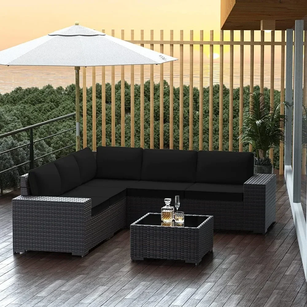 Outdoor Patio Furniture Set, 6 PCS Outdoor Furniture All Weather Patio Sectional Sofa PE Wicker Modular Conversation Sets