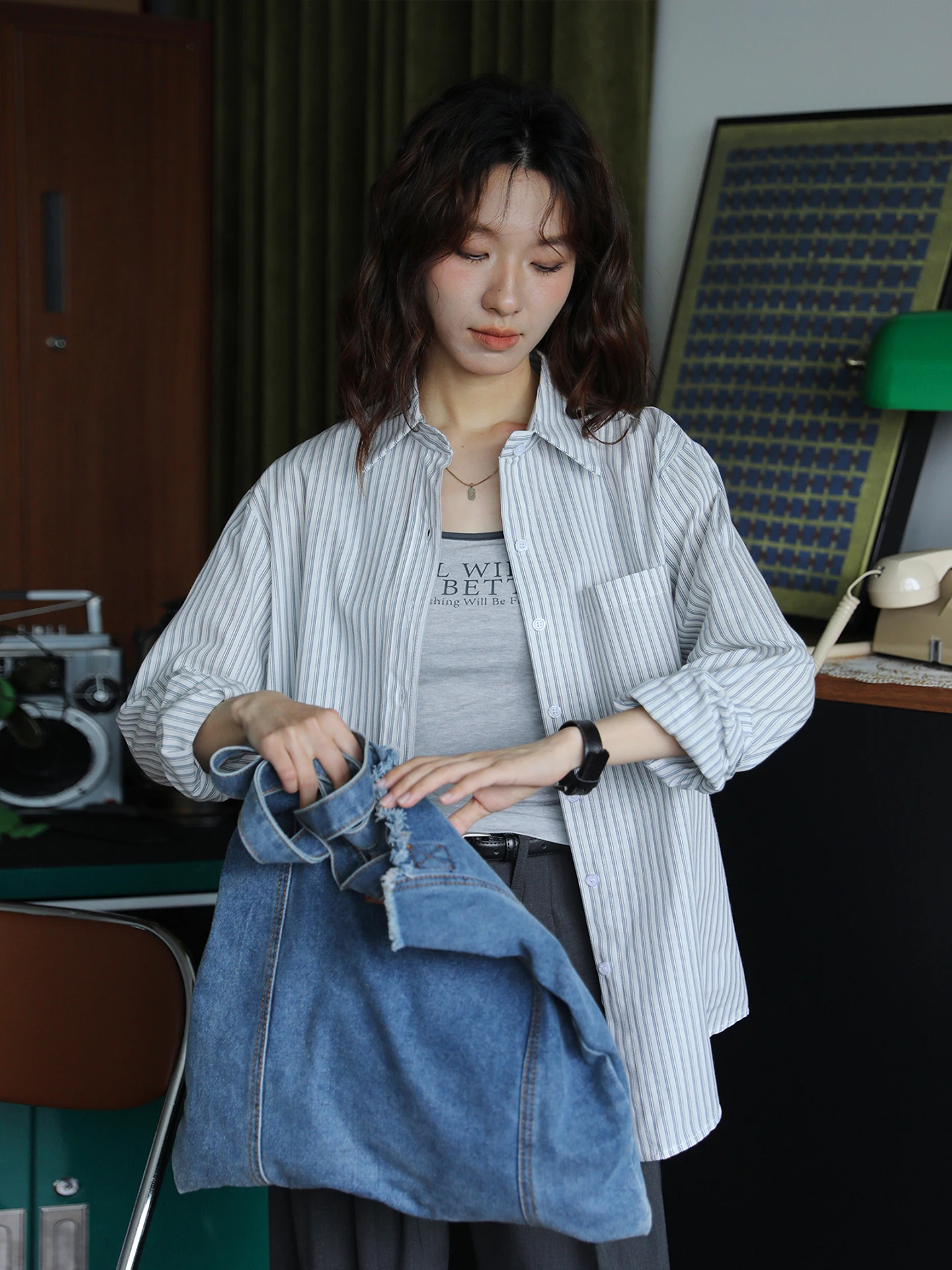 

Женская свободная хлопковая рубашка в полоску с длинными рукавами в стиле ретро, повседневная одежда для защиты от солнца весна-лето