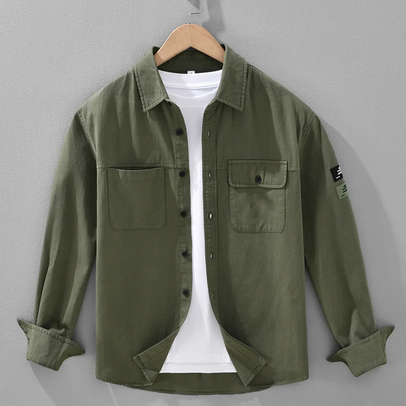 قميص رجالي قطني غير رسمي بأكمام طويلة للشباب للربيع والخريف ملابس خارجية عصرية 100% قطن مع زخارف للجيب #3