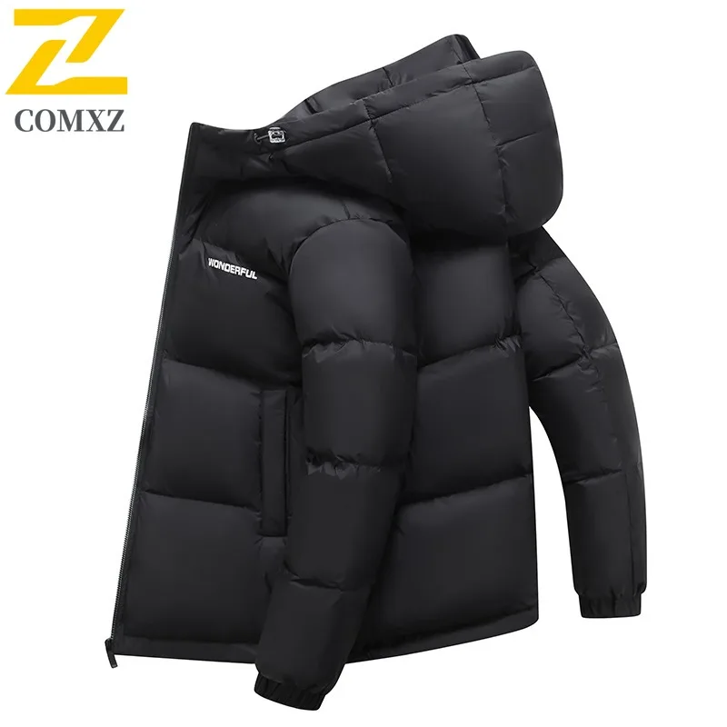 COMXZ Classic Hood Men Down Coat Outdoor Climbing Wind Resistant Parka Solid Color Design Light Travel Comfortable Winter Jacket