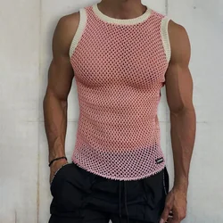 Men's Casual Transparent Mesh Solid Color Sleeveless Knit Top Spring Summer Vest T-shirt Fashion Vintage Knitted Male Sport Tank