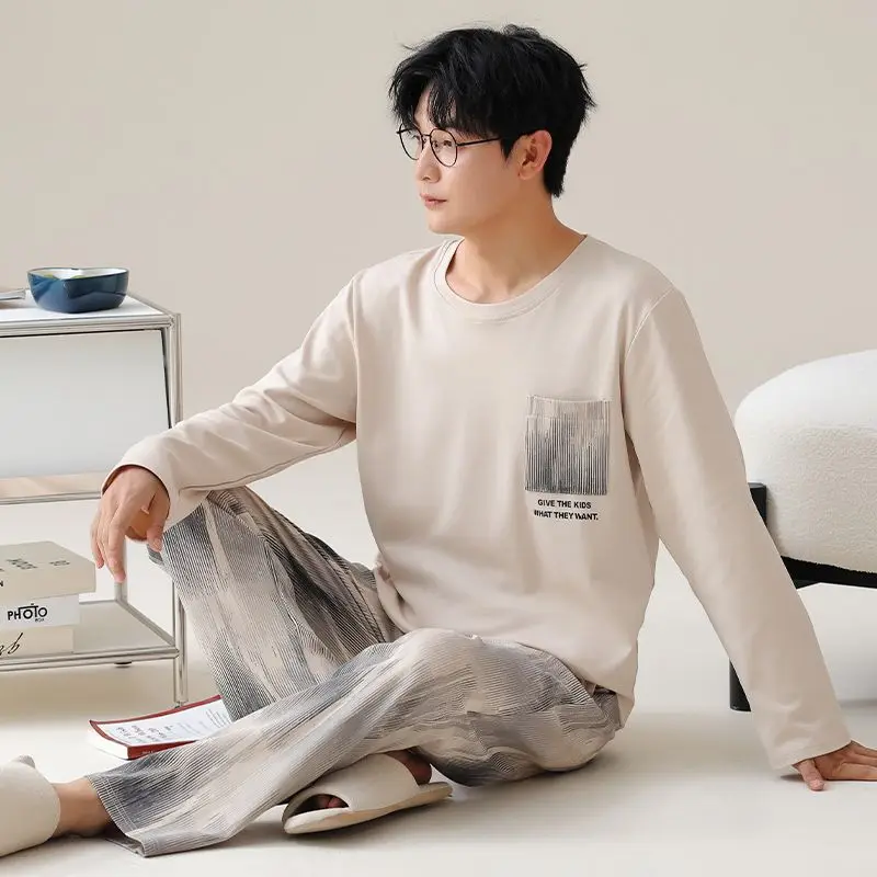 

2026 New Spring Autumn Long Sleeve 100% Cotton Pajama Sets for Men Korean Loose Sleepwear Suit Pyjama Male Homewear Home Clothes