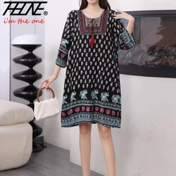 Women Indian Dress Holiday 2024 Vestidos Para Mujer Midi Length New Summer Beach Female Print Vintage Causal Floral Dresses