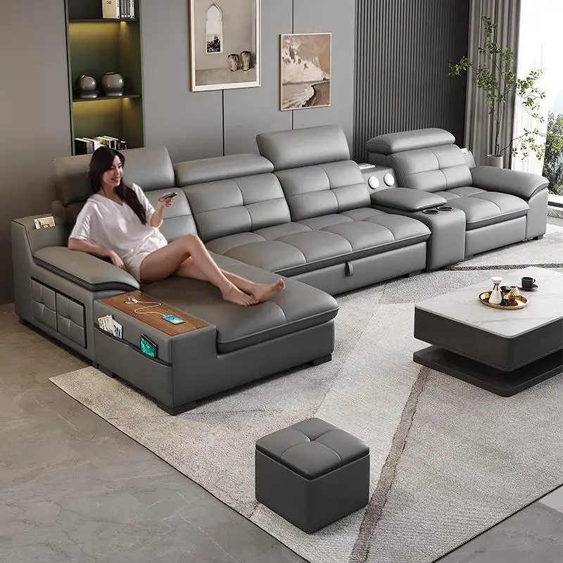 #Italian Modern Three Seat Wood Living Room Storage Imperial Concubine Smart First Class Genuine Leather Sofa Set Adjustable