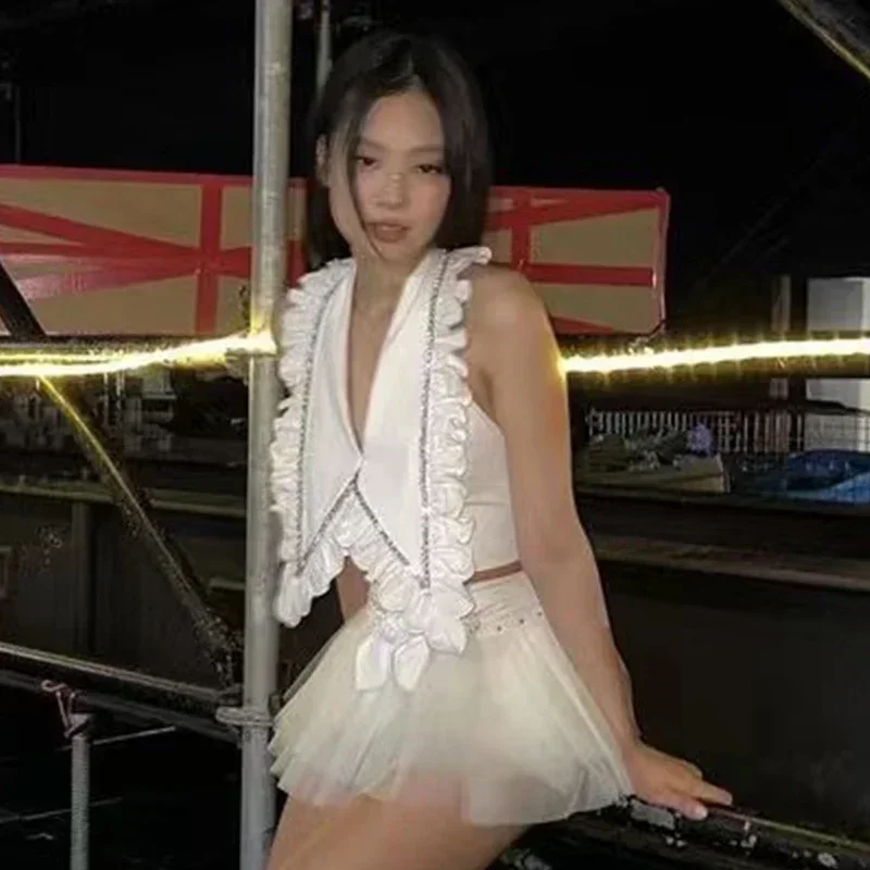 Jazz Dance Costume White Kpop Clothing Sexy Crop Tops Bow Cake Skirt Korean Singer Idol Performance Clothes Stage Outfits JL5767