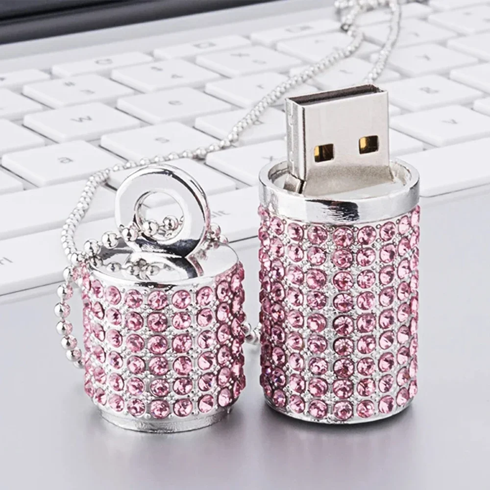 JASTER Crystal USB 2.0 Flash Drive 128GB  Pen Drive 64GB  Blue Pink Memory Stick 32GB Crystal Necklace Creative Birthday Gift