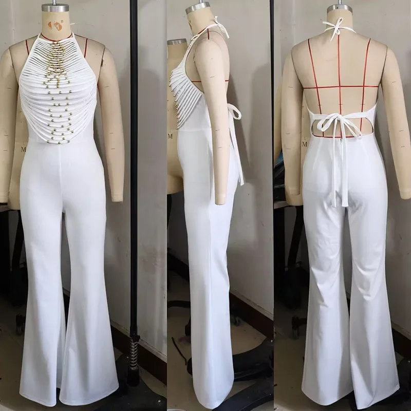 Sexy kralen ruches jumpsuits vrouw elegant halter mouwloos backless hoge taille flare broek party romper verjaardag club outfits