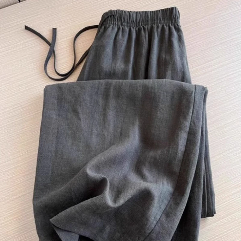 Pantaloni casual a gamba dritta in lino di cotone sottile vestibilità ampia a vita alta Pantaloni casual a vita alta pigri comodi estivi da donna