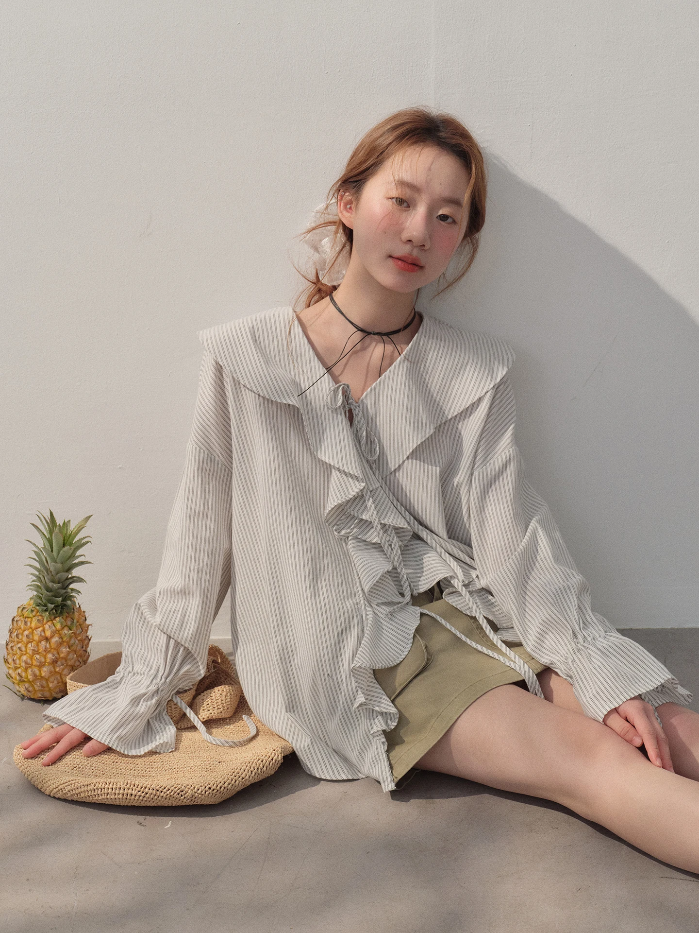

Soloki Sweet Holiday Cotton Shirt Loose Comfortable Striped Comfortable Bowed Hem Korean Style Women's Casual Shirt