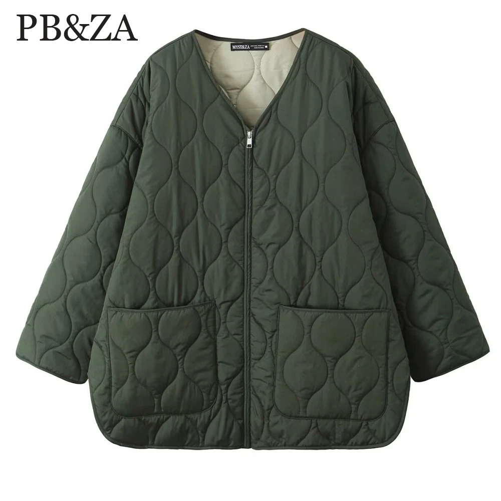

PB&ZA Women's Seam Loose Top V-neck Long Sleeve Zipper Opening Design Pocket Autumn/Winter New Warm Cotton Jacket