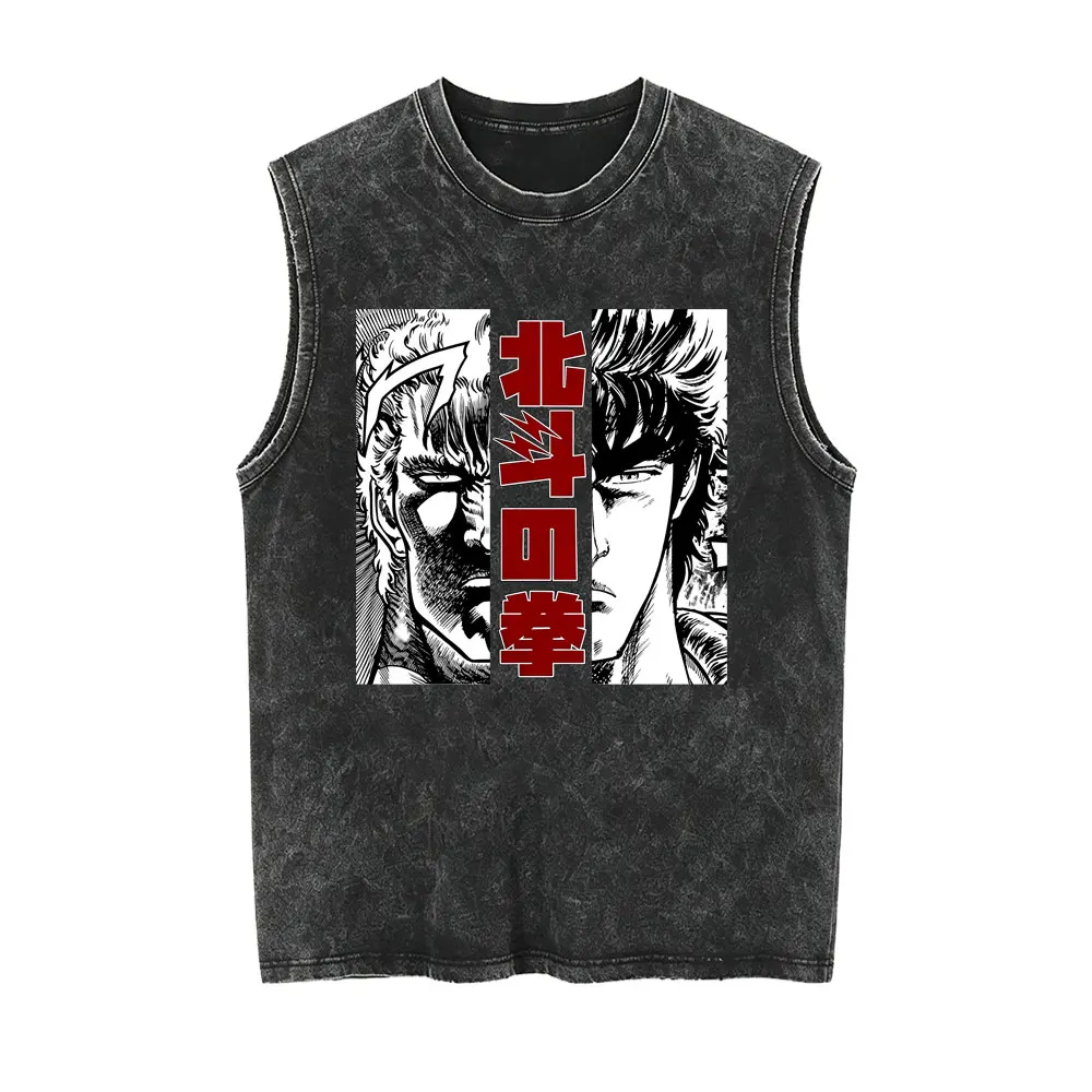 Washed Vintage Anime Fist of The North Star Rei Tank Tops Hokuto No Ken Kenshiro Sleeveless Vest T-shirt Men Manga Cotton Tshirt