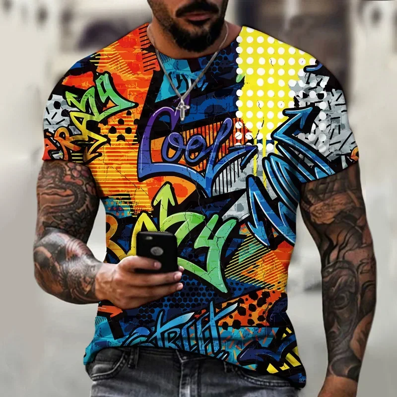 Fashion Men's 3D Graffiti Print Short Sleeve T Shirt Hip Hop Streetwear Casual Tee Colorful Cartoon Graphic Summer Tops for Men