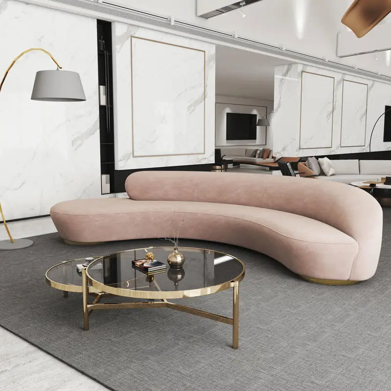 Modern Leather Velvet Curved Lobby Reception Sofa, Salon, Shopping Mall Waiting Sofa, Leisure Hotel Sofa Lobby Furniture