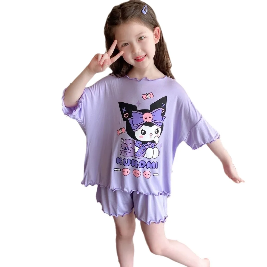 Kawaii Sanrioed Kuromi Cinnamoroll Girls Pajamas Anime My Melody Kids Cartoon Short Sleeve Loungewear Outfit Summer Sleepwear