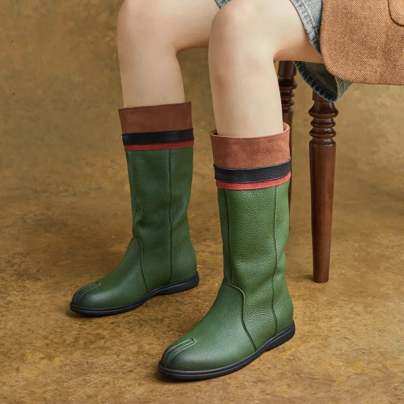 

Birkuir Retro Flats Heel Women Long Boots Slip On Boots Mixed Colors Shoes 2cm Low Heel Short Boots Genuine Leather Suede Inner