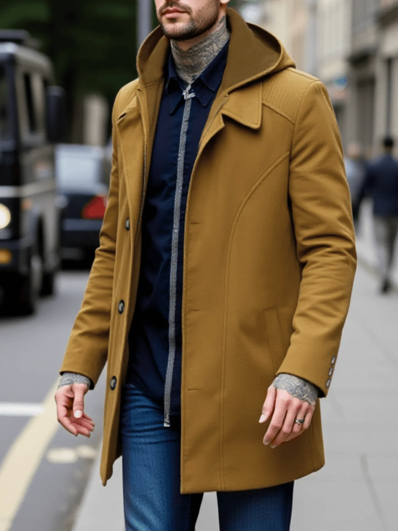 

Fake Two-Piece Coat Man Trench Coat Winter Advanced Retention Trend Zipper Button Design Stylish Urban Cold-Weather Look Lined