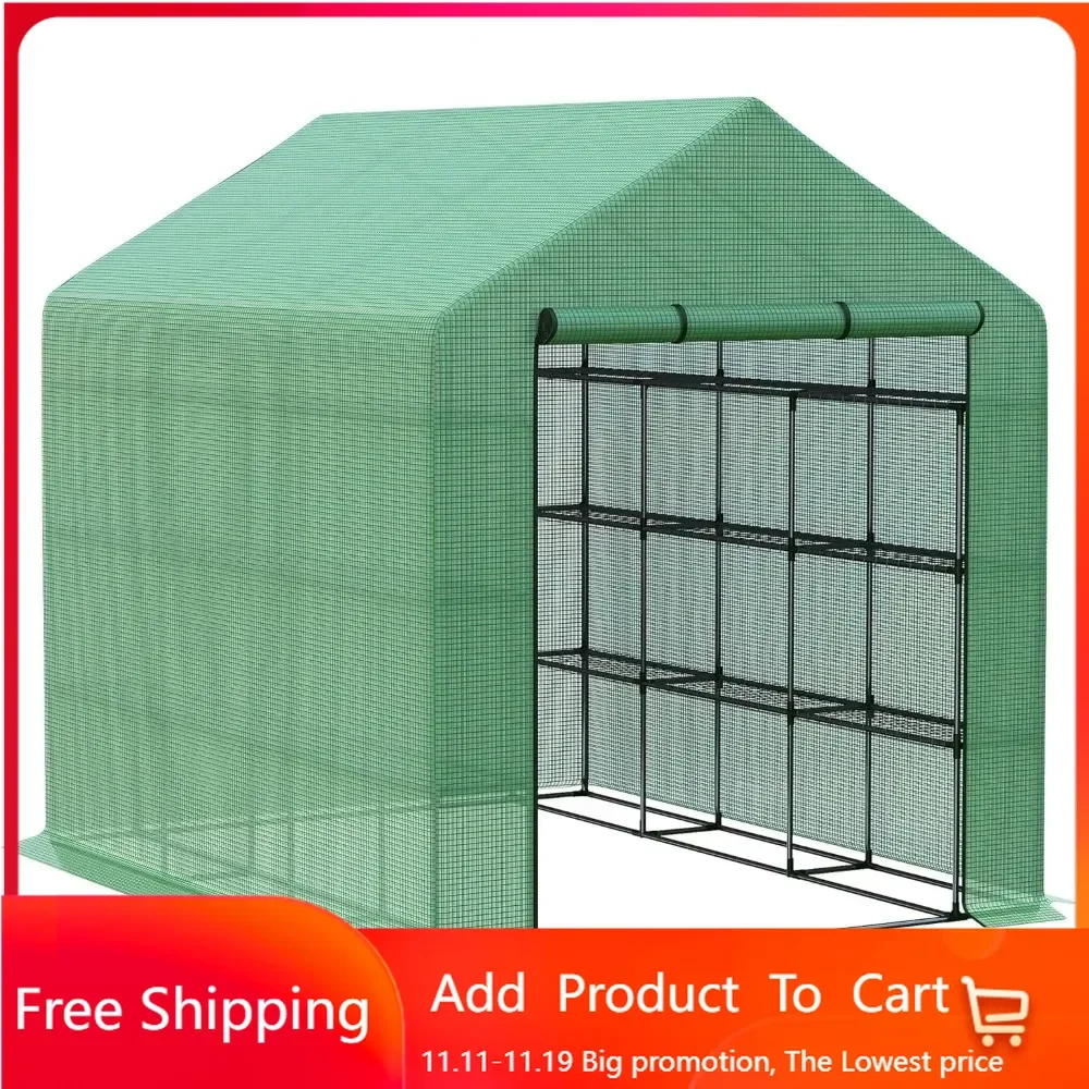 8' x 6' x 7' Portable Greenhouse 4-Tier Walk in Greenhouse with Roll Up Zipper Door for Flower Herb Vegetable-Green