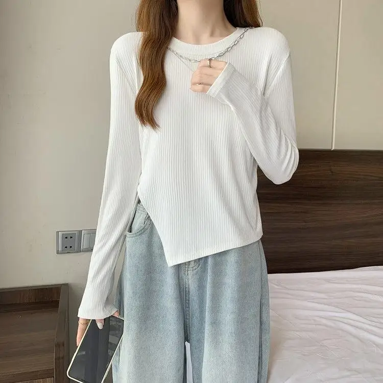 

White Slim Fit Long Sve round Ne T-irt Women's Base Layer irt Spring Autumn Winter New Sle Polyester Spandex Blend