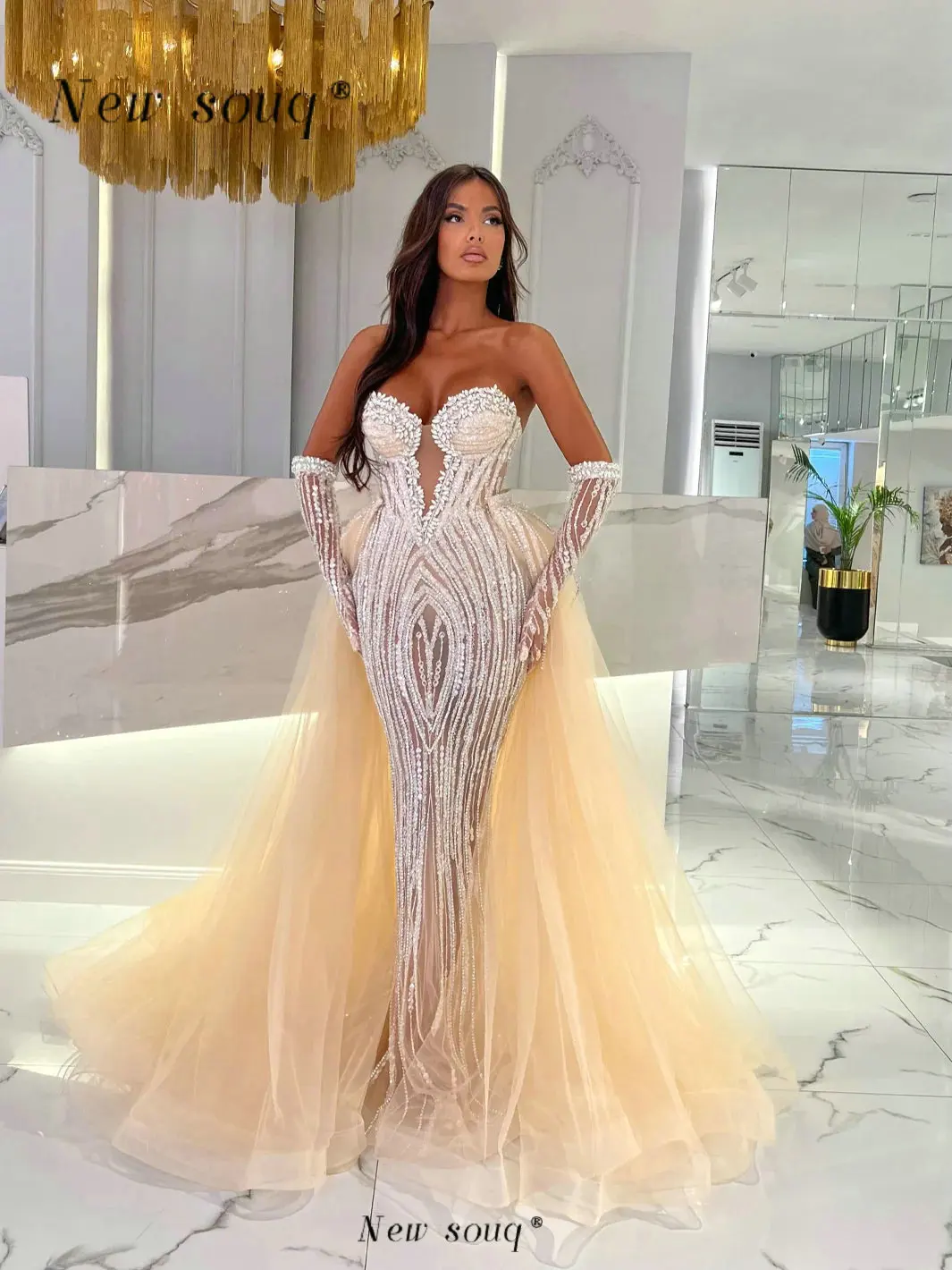 Champagne Strapless Mermaid Evening Dresses with Detachable Train Glamorous Crystals Sequins Sexy 2 Pieces Events Party Gowns