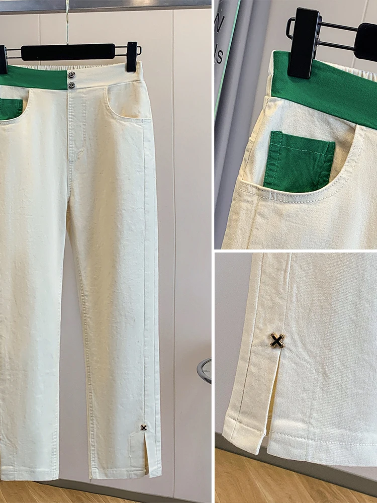 Authentic Initial Autumn Large Size Nine-Tenths Summer Straight Leg Women's Pants Fashionable Split High Waist Casual Trousers