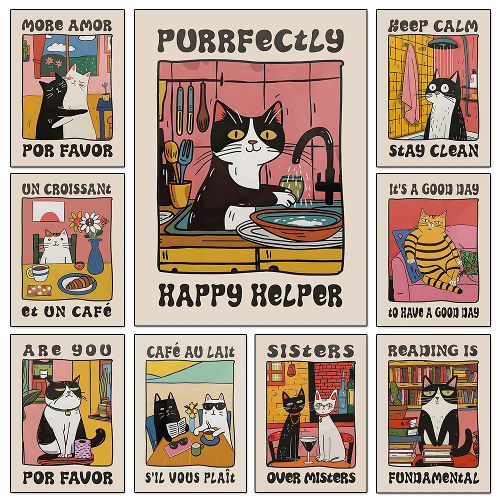 5D Retro Kitchen Poster Diamond Painting Cat Chef Mosaic Diamond Embroidery Cross Stitch Kits DIY Bedroom Kitchen Decor Crafts