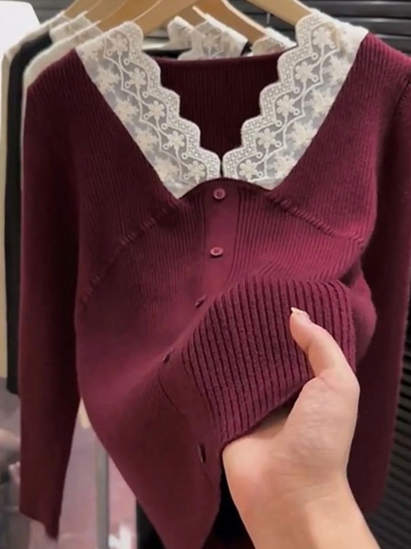 Ele الدانتيل لصق طويل Sve قاعدة irt سليم صالح محبوك سترة الشتاء Faion تخفيف Sle النسخة الكورية منتصف ثي V-Ne #4