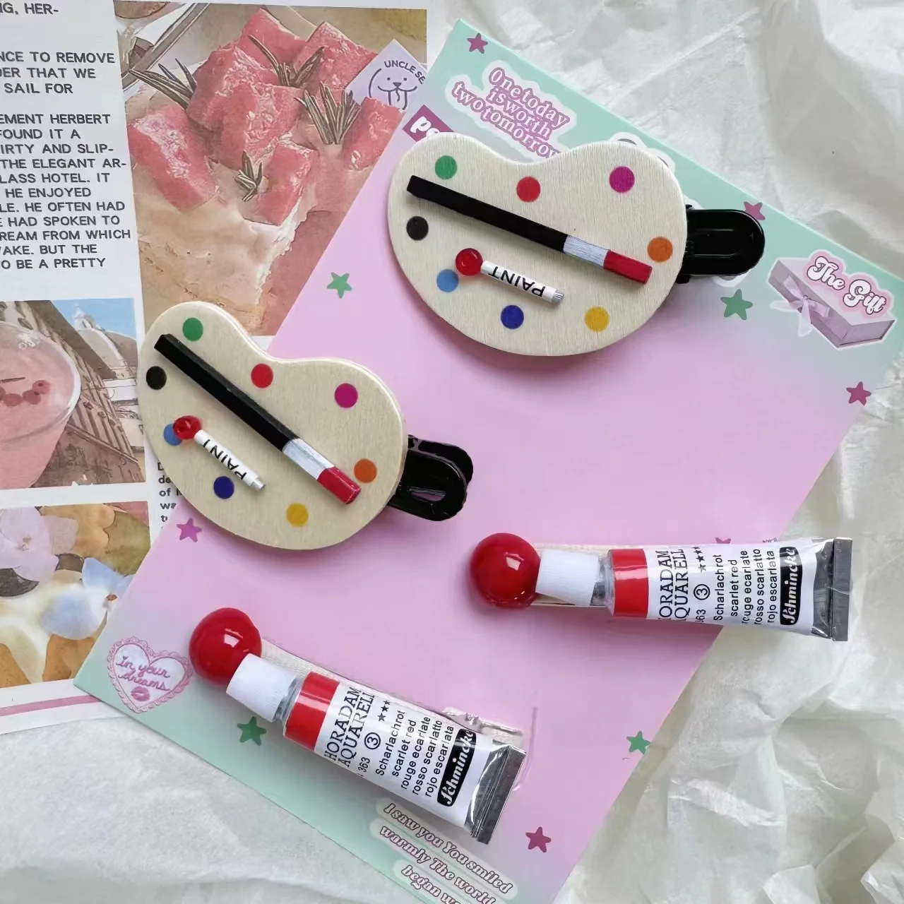 2pcs Art Watercolor Pigment Palette Hairpin Cute Kawaii Funny Women Girls Duckbill Clip Korean Fashion Bangs Side Styling Clip
