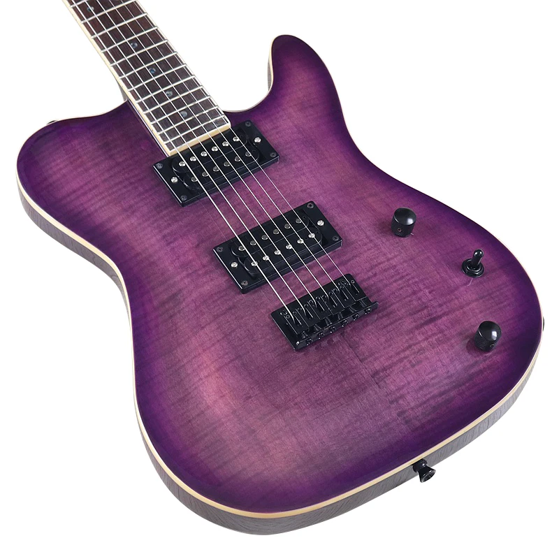 Neck Through 6 Strings Electric Guitar 39 Inch Flame Maple Top Purple Color High Glossy Guitarra Solid Okoume Wood