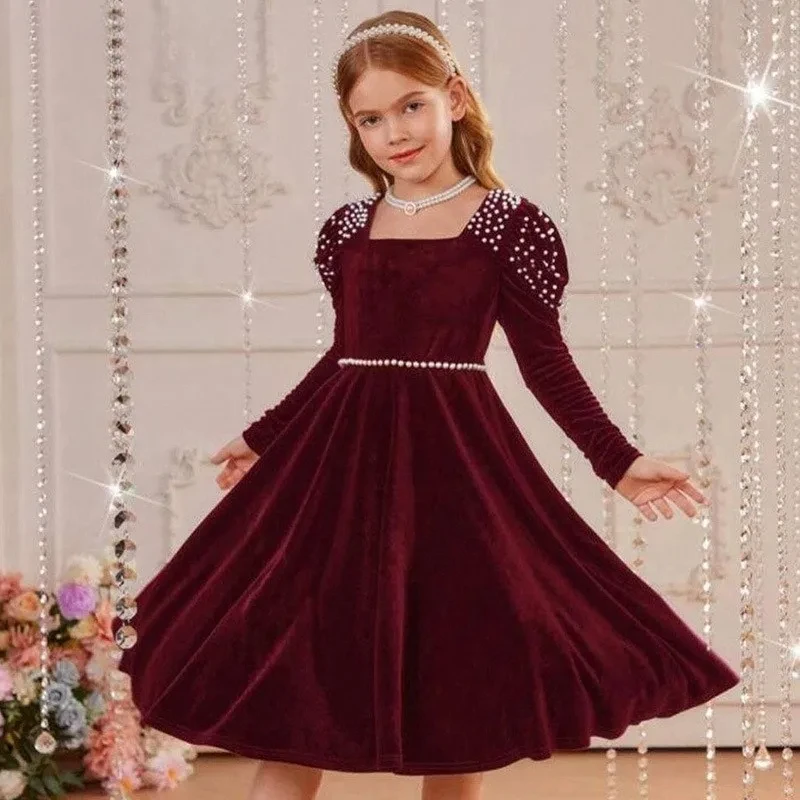 Baby Girl PrincessVintage Vestido Party Birthday Christmas Baby Clothes 2-14Y Pearl Velvet Dress Long Sleeve Toddler Teen