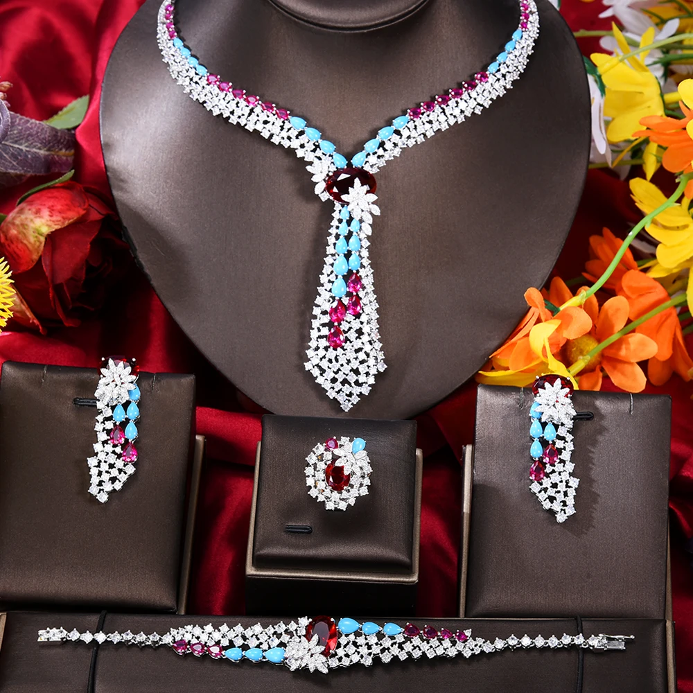 GODKI Romantic 4PCs Multicolor Crossover Statement Jewelry Sets For Women Wedding5A Zircon Indian African Dubai Bridal Necklace