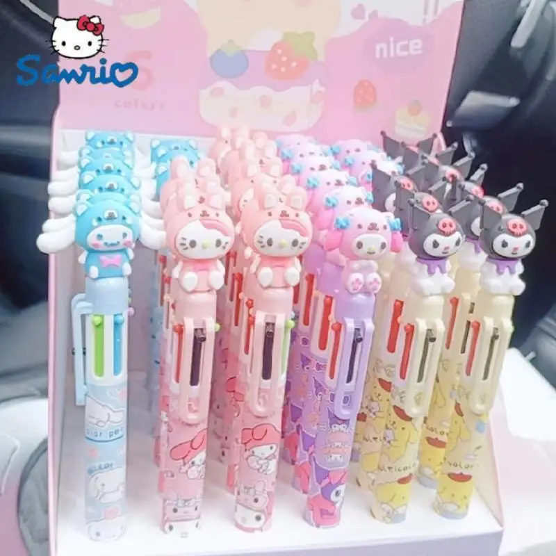 

36pcs Sanrio Cartoon 6-color Ballpoint Pen Silicone Hello Kitty Kuromi Melody Cute Mini Students Learn To Press Pens Exam Gift