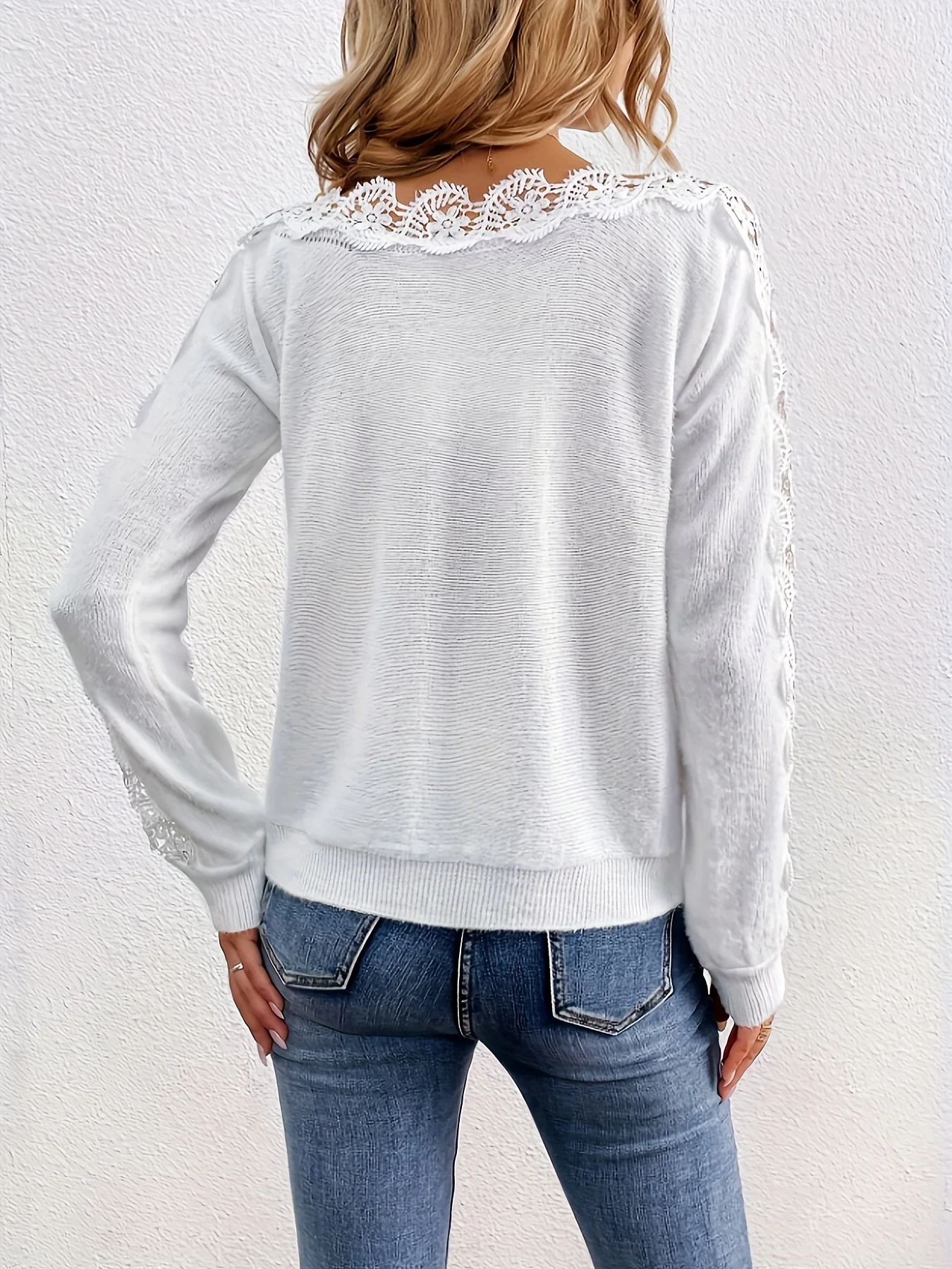 Pullover lavorato a maglia in pizzo Guipure a contrasto solido elegante manica lunga girocollo Top abbigliamento donna