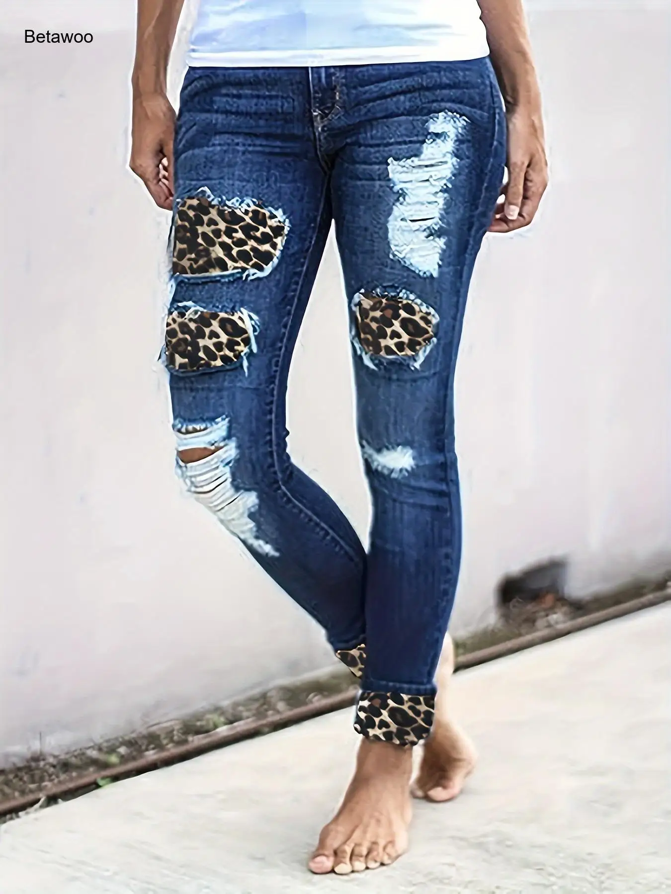 Women Dark Wash Skinny Jeans with Leopard Print Patches and Cuffed Hem Casual Streetwear Denim Pants