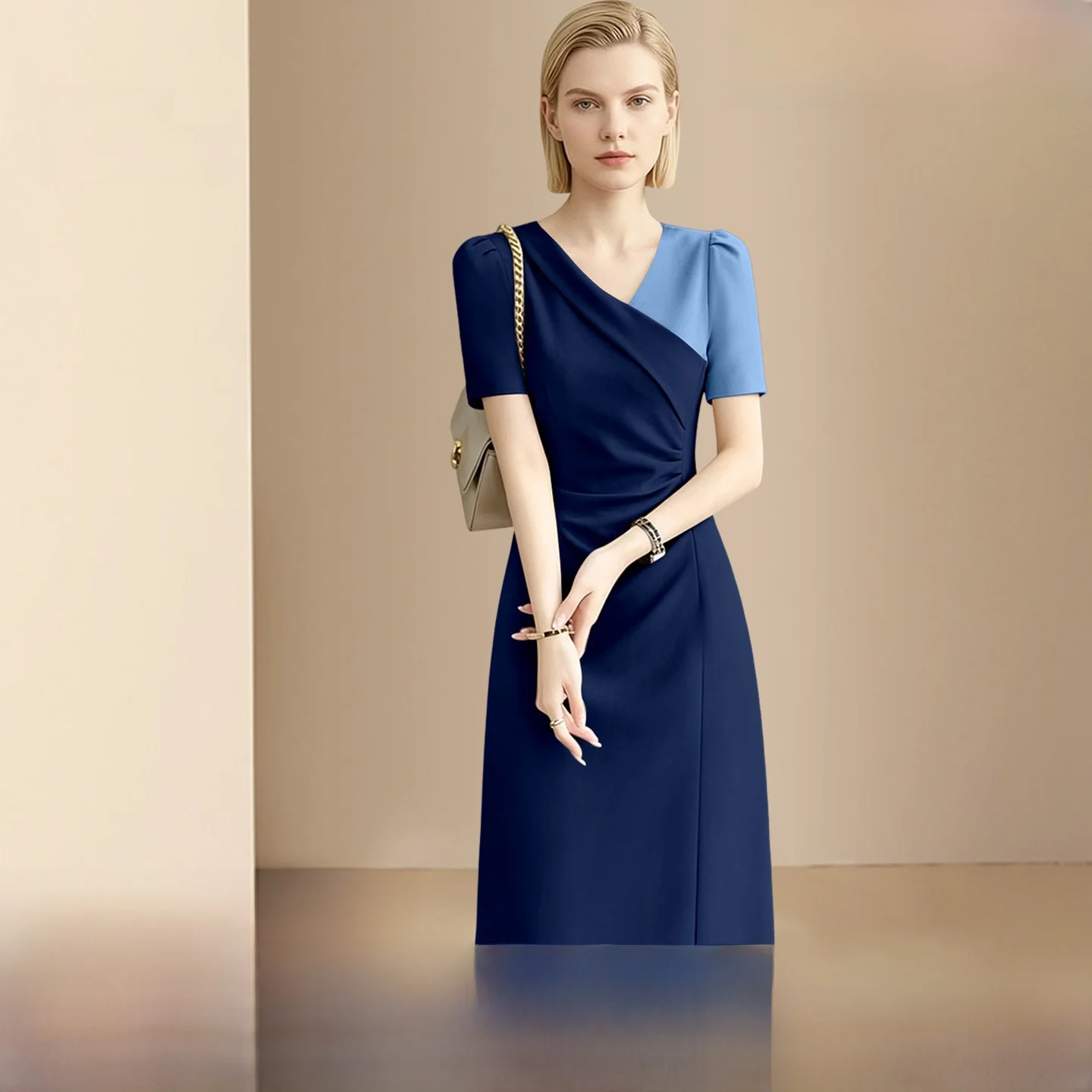 Vestido Elegante con Cuello en V y Bloques de Color de Diffie Rieger, Vestido de Verano con Cintura Ajustada, Nuevo Modelo de Moda Femenina en Fibra de Poliéster