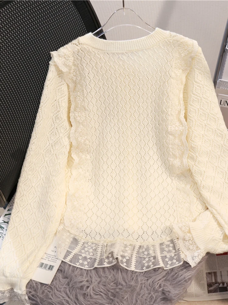 autumn Hollow Out Knitwear Female Cardigans Lace Splices Woman Sweater Jacket y2k Tops