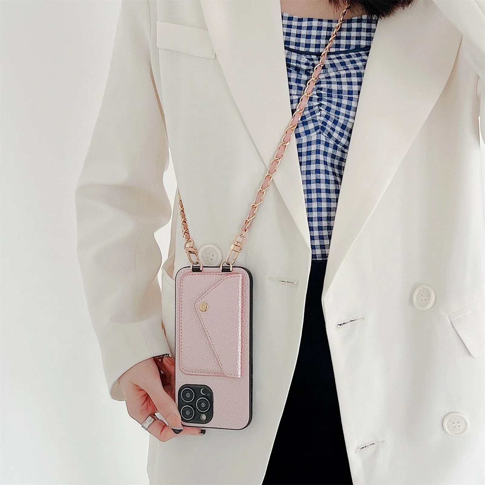 Telefoonhoesje met crossbody-tas, kaarthouder en kettingriem voor iPhone 17 Air 16 15 14 13 12 11 Pro Max XR XS 8 7