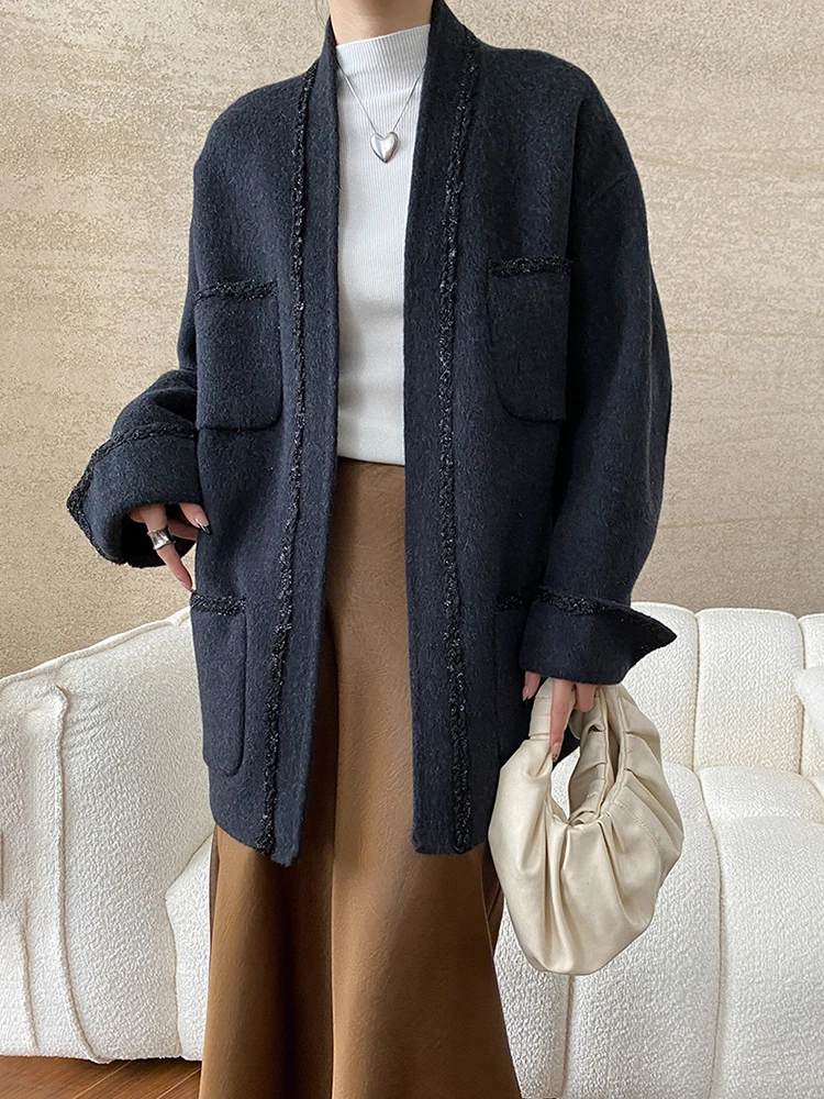 TLXT 女性のベルトギャザーウエストウールブレザー女性のための V ネックオフィスレディ厚く暖かい緩い生き抜く 2025 冬の新 XK1020